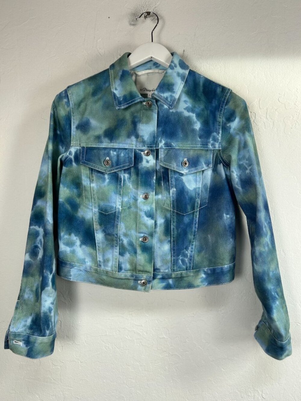 3.1 Phillip Lim Women’s Tie-Dye Denim Cropped Jacket Blue Green Pockets Size 2